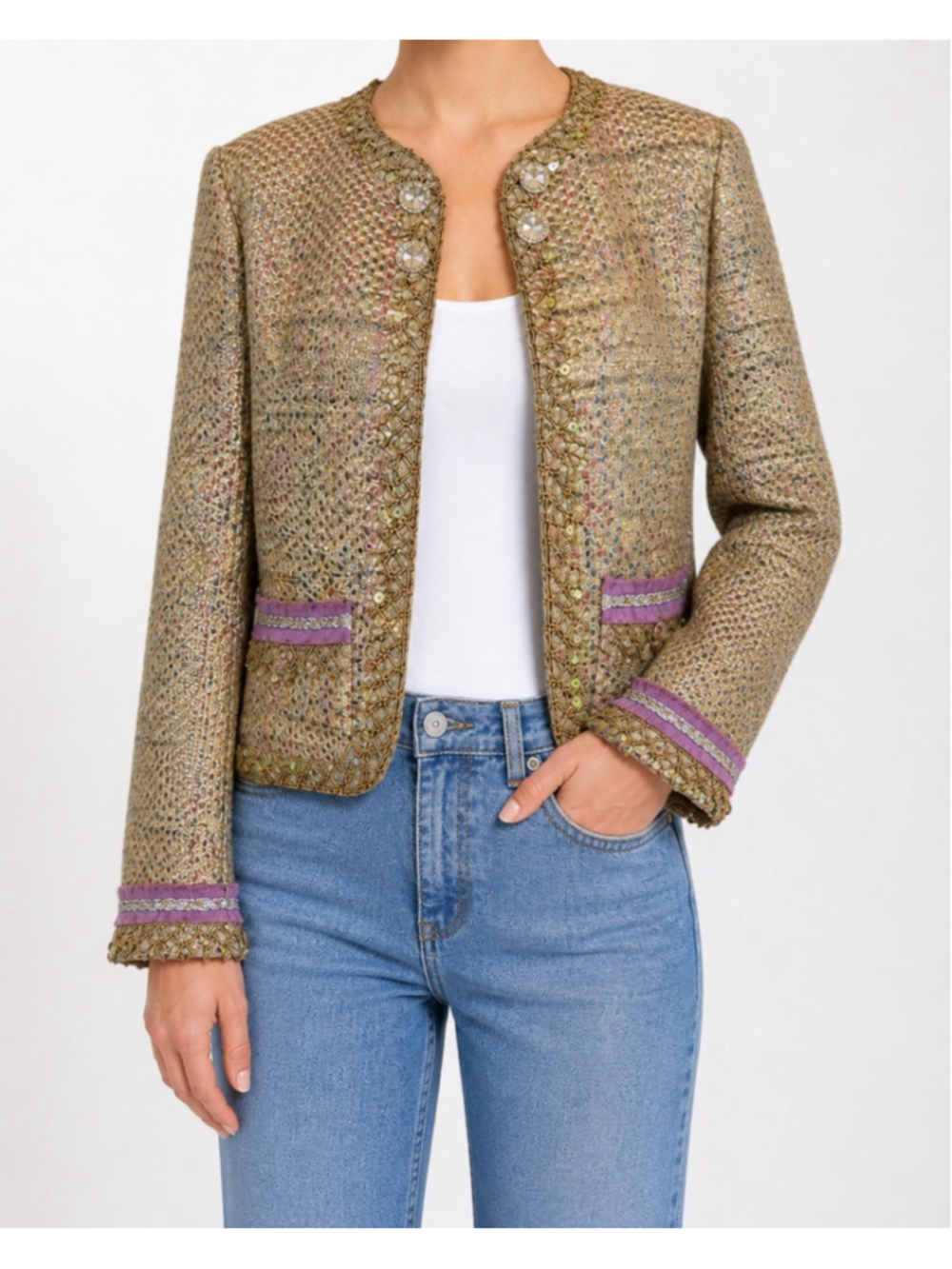 Tara Jarmon Tweed Jacket Sz 40 Crystal Gem Sequin Old Money